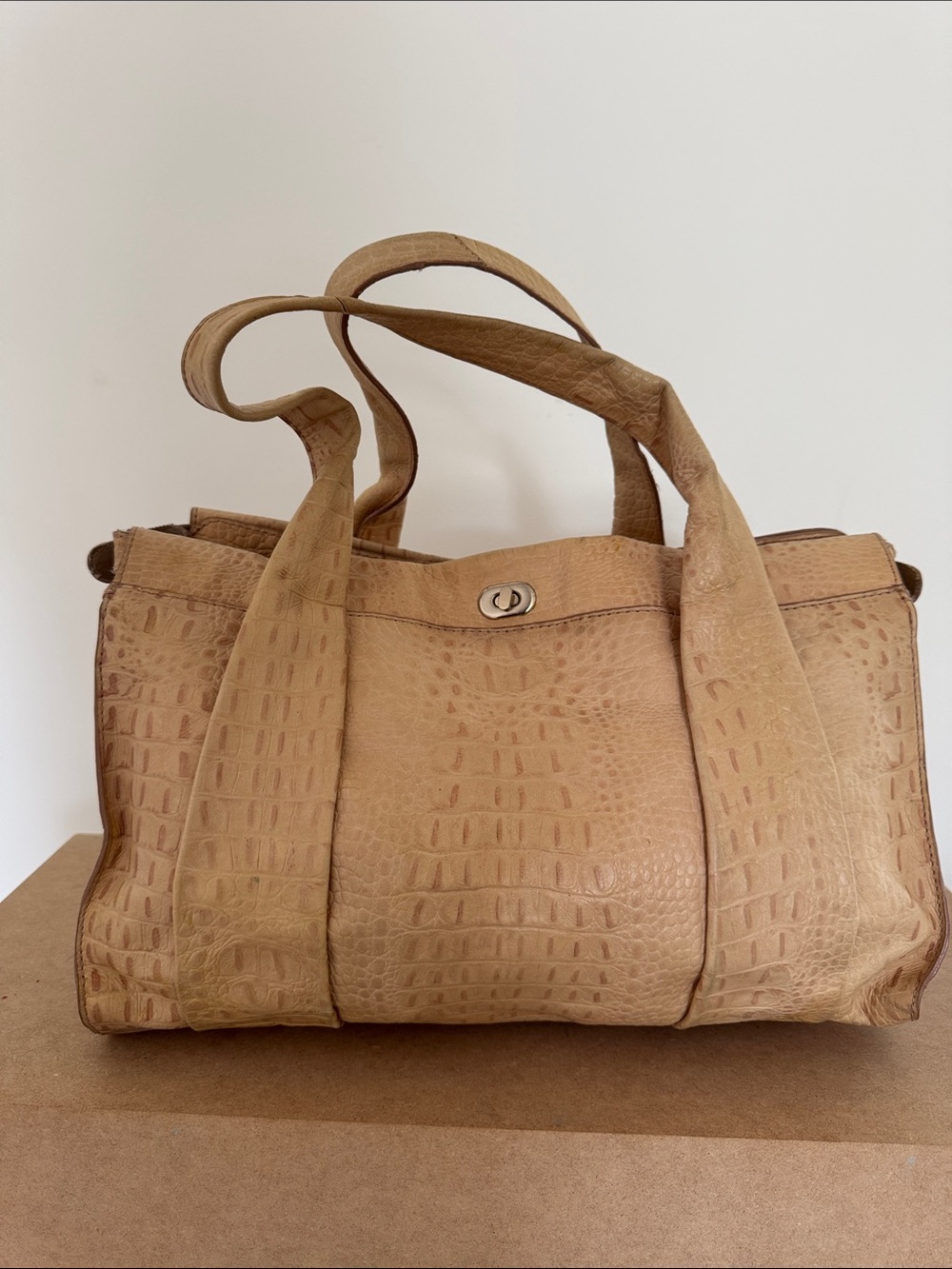 Ann Taylor Tan Croc-Embossed Leather Tote Bag
